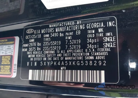 2019 Kia Sorento 3.3L Sxl z USA, uszkodzony, nr VIN 5XYPK4A5XKG538292